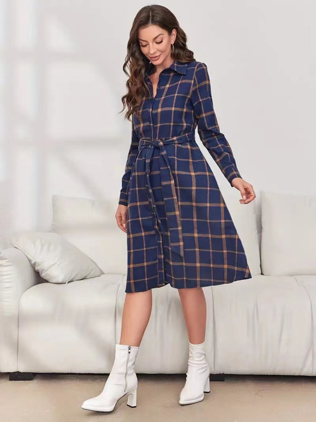 Plaid Tie Waist Long Sleeve Dress Trendsi