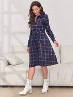 Plaid Tie Waist Long Sleeve Dress Trendsi
