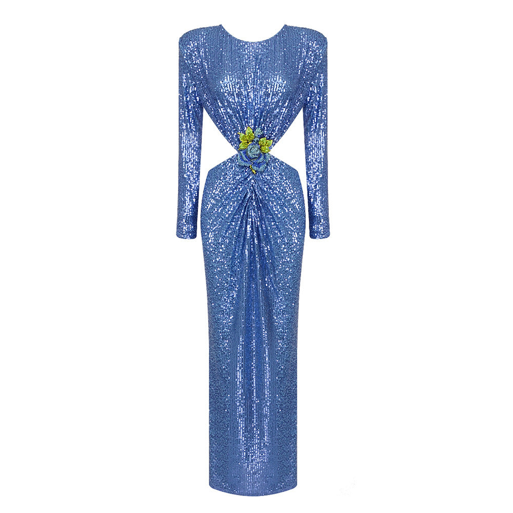 Lesya Round Neck Flower Waist Button Sequin Dress-Blue