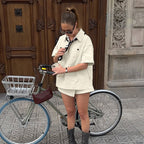 Lapel Short Sleeve Pocket Pullover Top High-waisted Trousers Skirt Two-piece Set Aclosy