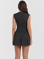 Pleated Skirt Fishbone Slim Sleeveless Dress aclosy