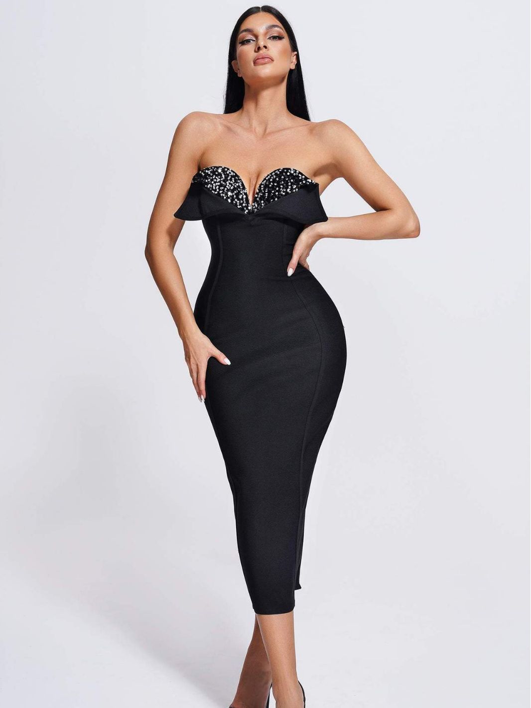 Women's Sequined Low Cut Strapless Black Bandage One-piece Dress Aclosy