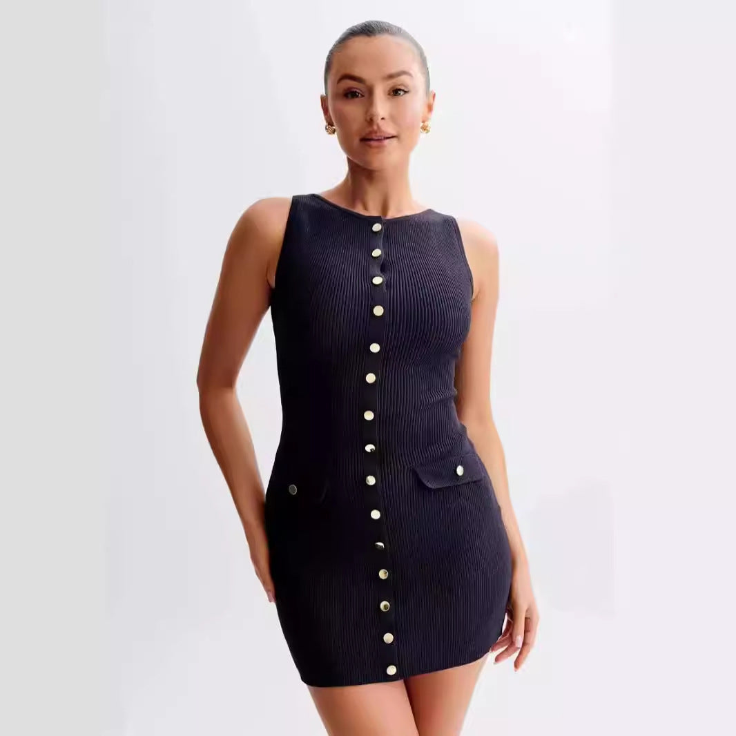 Summer Sleeveless Round Neck Slim-fit Woolen Short Dress