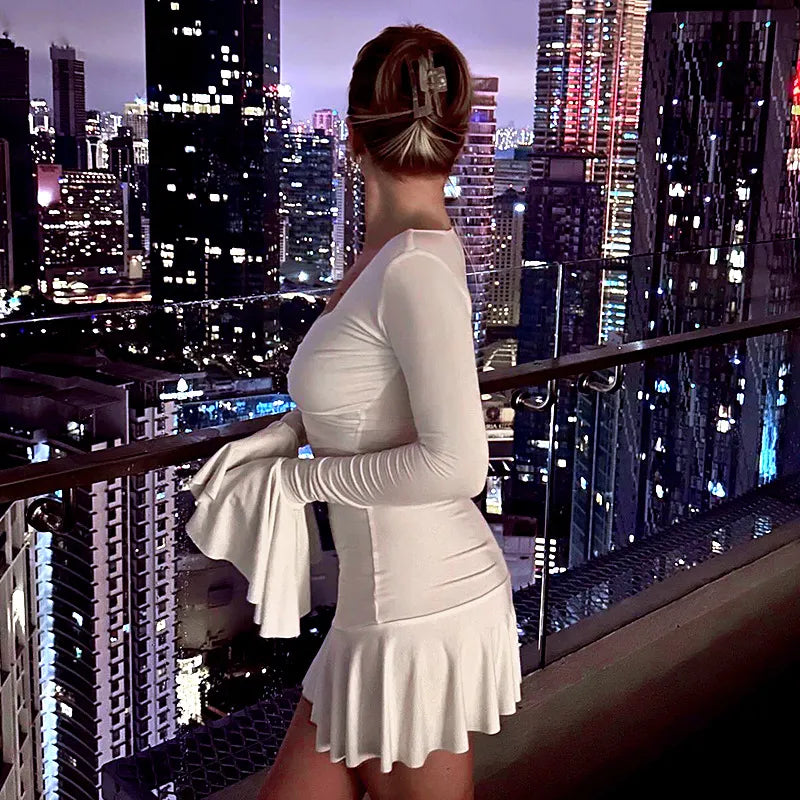 Akaila Low Cut Long Sleeve Ruffled Mini Dress