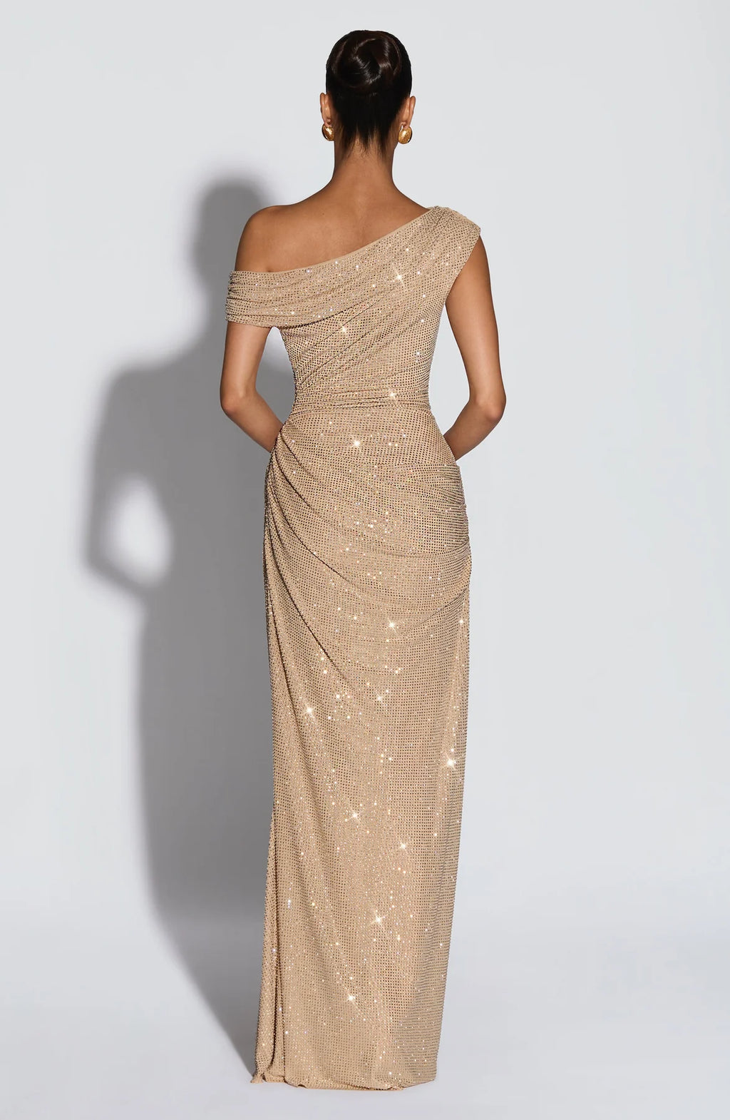 Celeste Shimmer Draped Off-Shoulder Maxi Gown