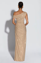 Celeste Shimmer Draped Off-Shoulder Maxi Gown