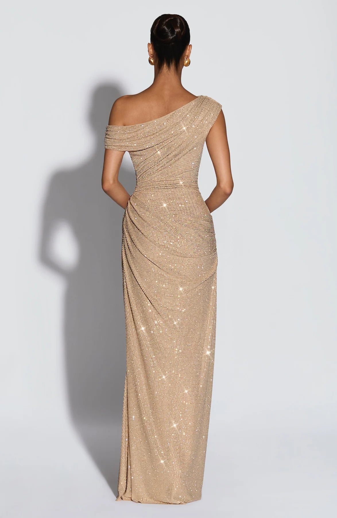 Celeste Shimmer Draped Off-Shoulder Maxi Gown