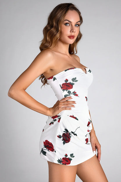 Chic Strapless Rose Mini Party Dress