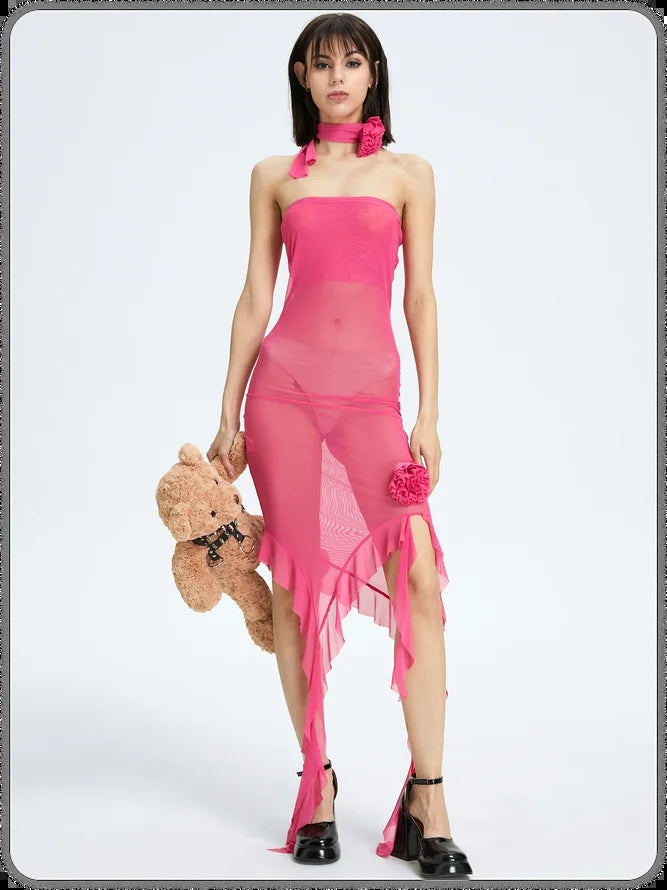 2023 Net Yarn Flower Sexy Waist Tube Top Hip Dress aclosy