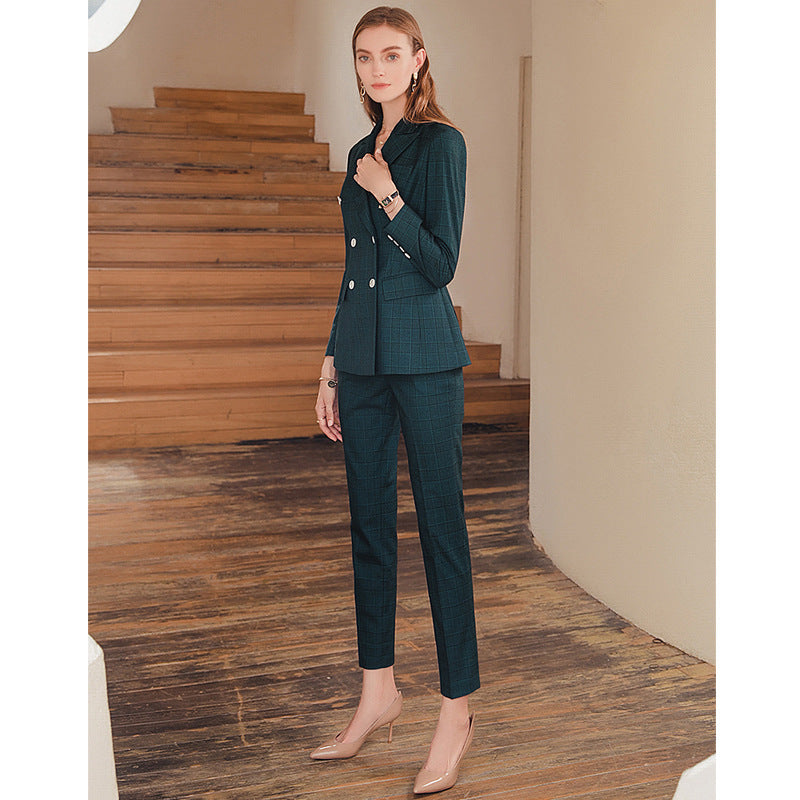 High-end Professional Dark Green Plaid Suit Set aclosy