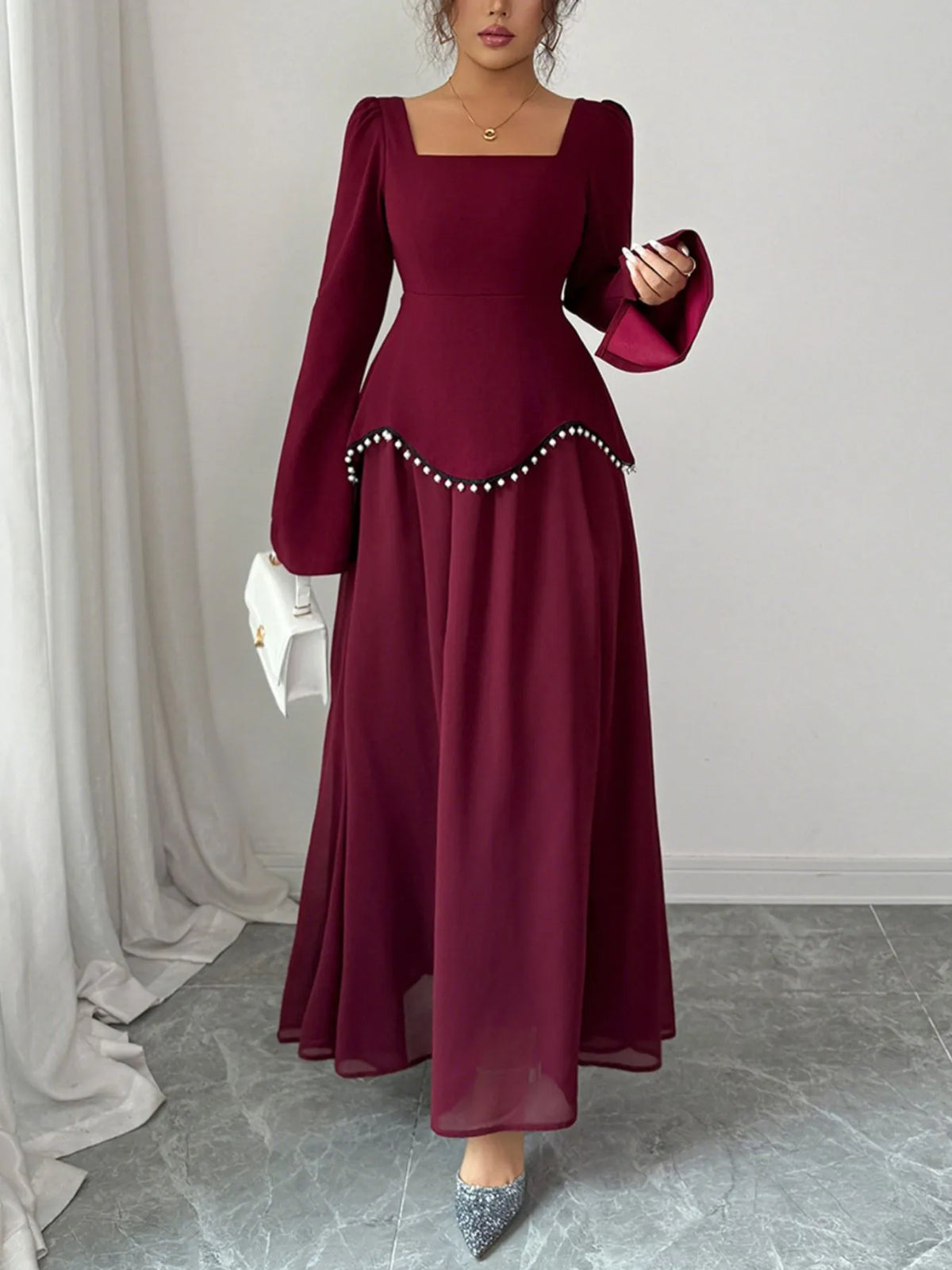 Square Neck Long Sleeve Maxi Dress