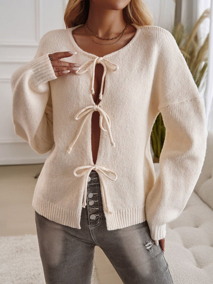 Devine Tied Round Neck Dropped Shoulder Cardigan Trendsi