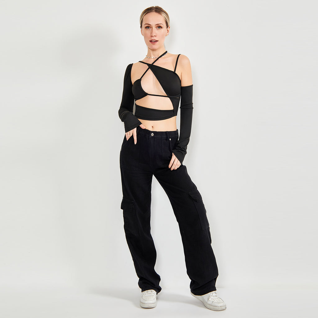 Long Sleeve Top Cut Out Asymmetrical Neck aclosy