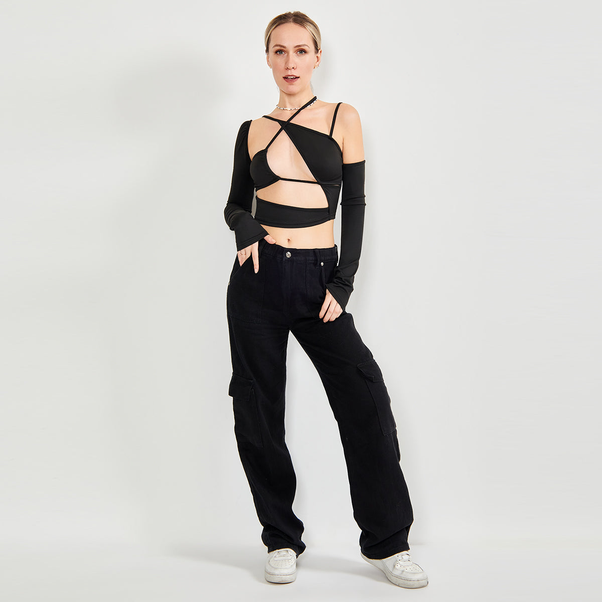 Long Sleeve Top Cut Out Asymmetrical Neck aclosy