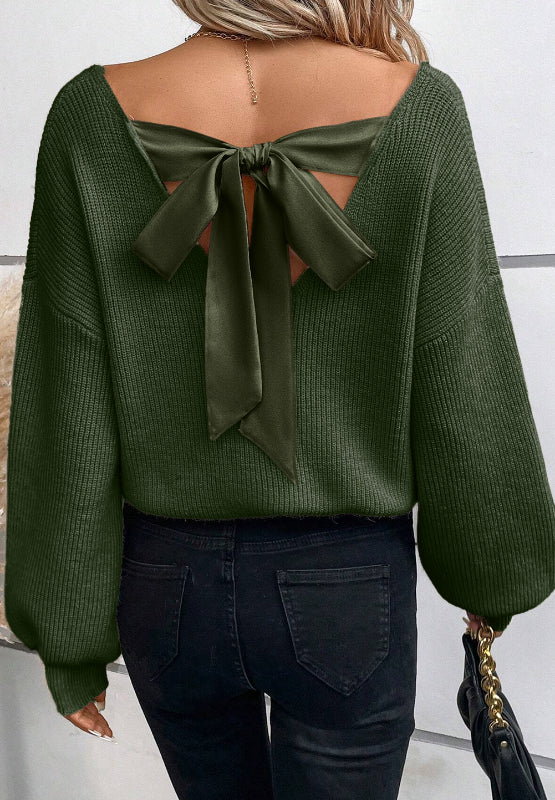 Tied Back V-Neck Long Sleeve Sweater Trendsi