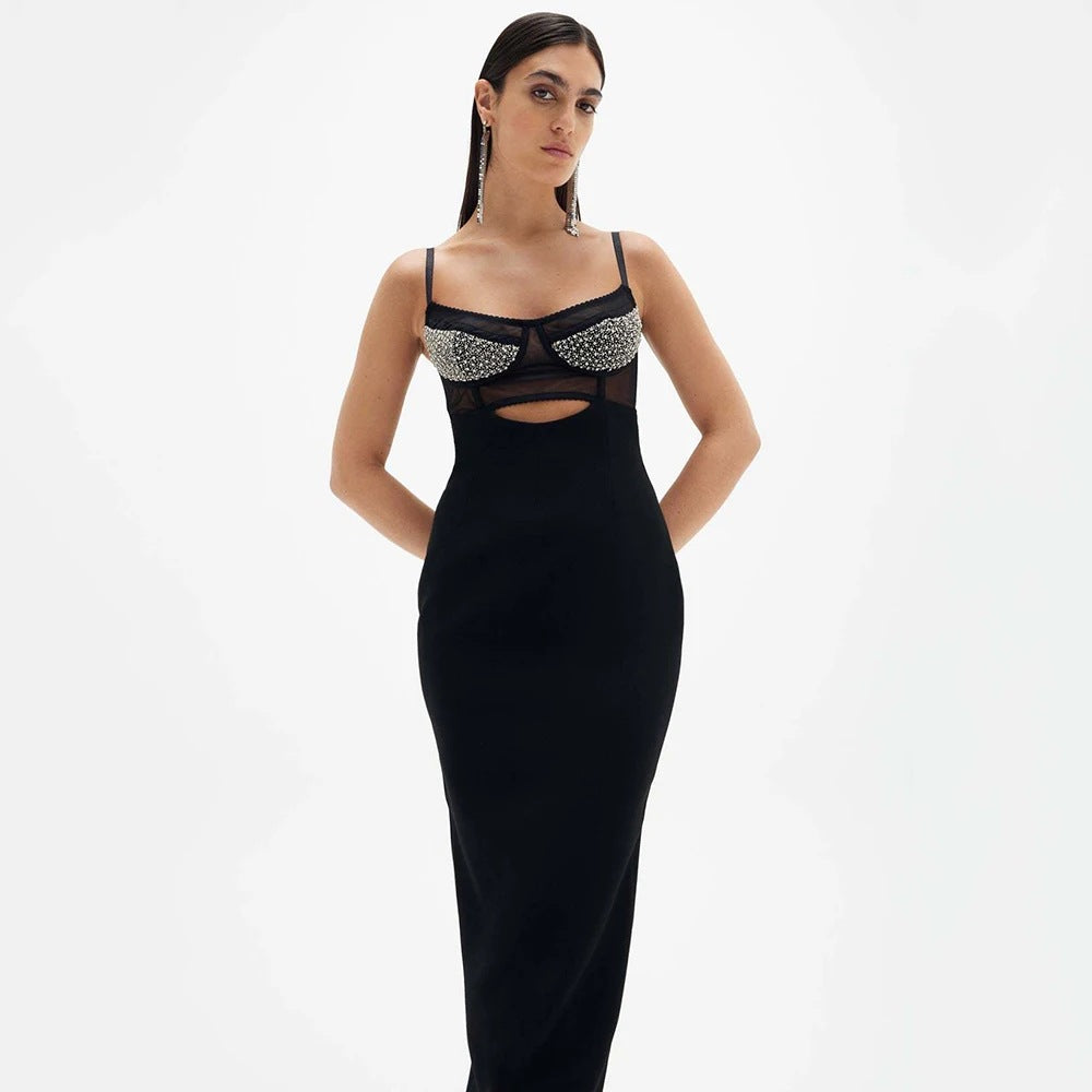 Long Non-back Hollow Diamond Knitted Sling Dress Aclosy