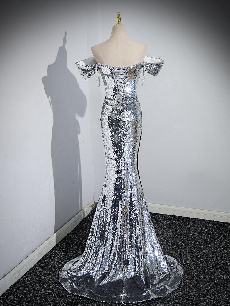 Women's Off-shoulder Trailing Silver Paillette Evening Dress Aclosy