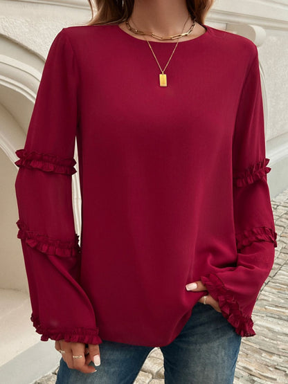 Devine Frill Round Neck Long Sleeve Top Trendsi