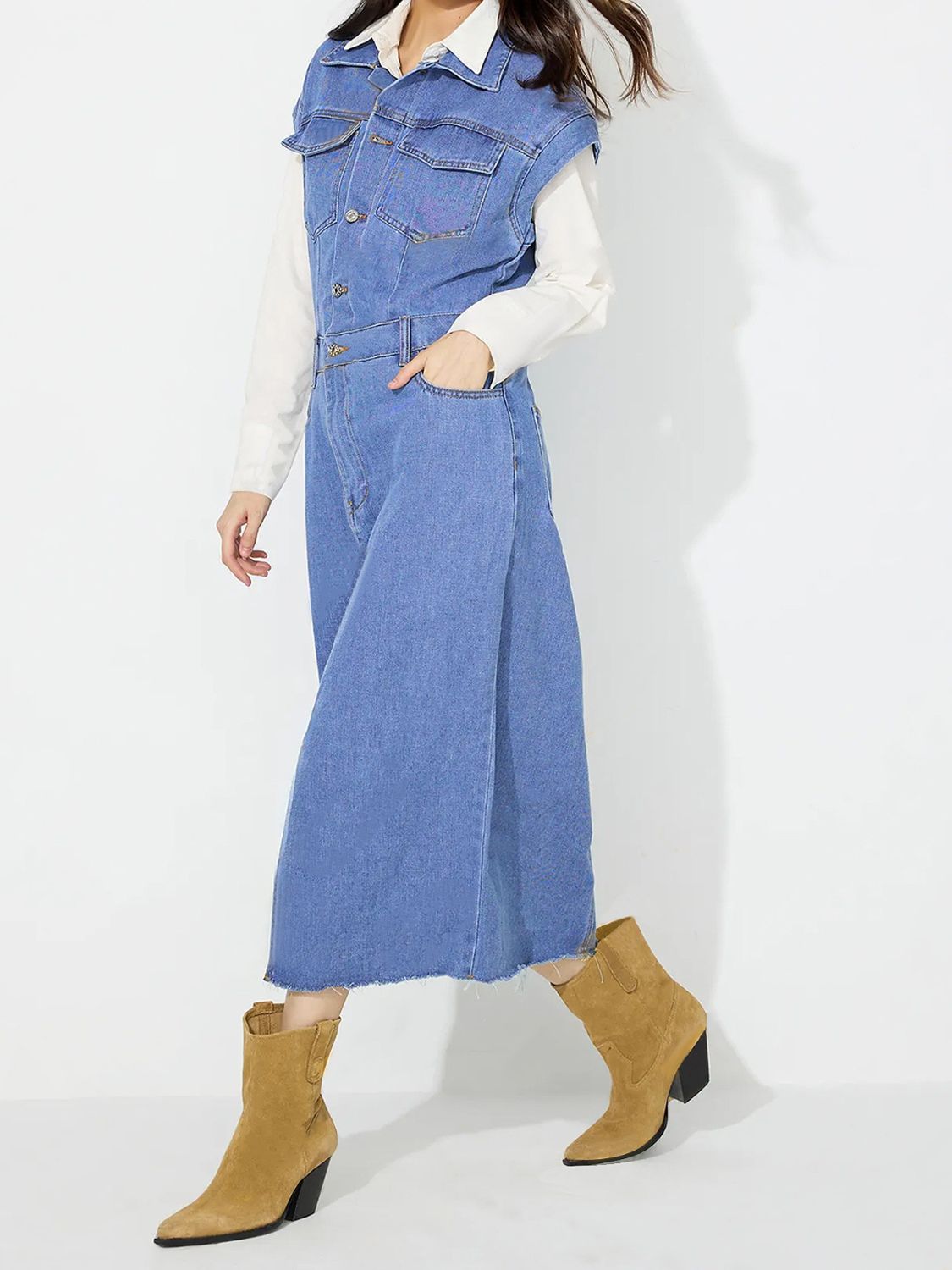 Slit Half Button Collared Neck Cap Sleeve Denim Dress Trendsi