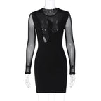 European And American Style Women's Summer New Fashion  Mesh Stitching Hollow Long Sleeve Slim Dress Wholesale aclosy