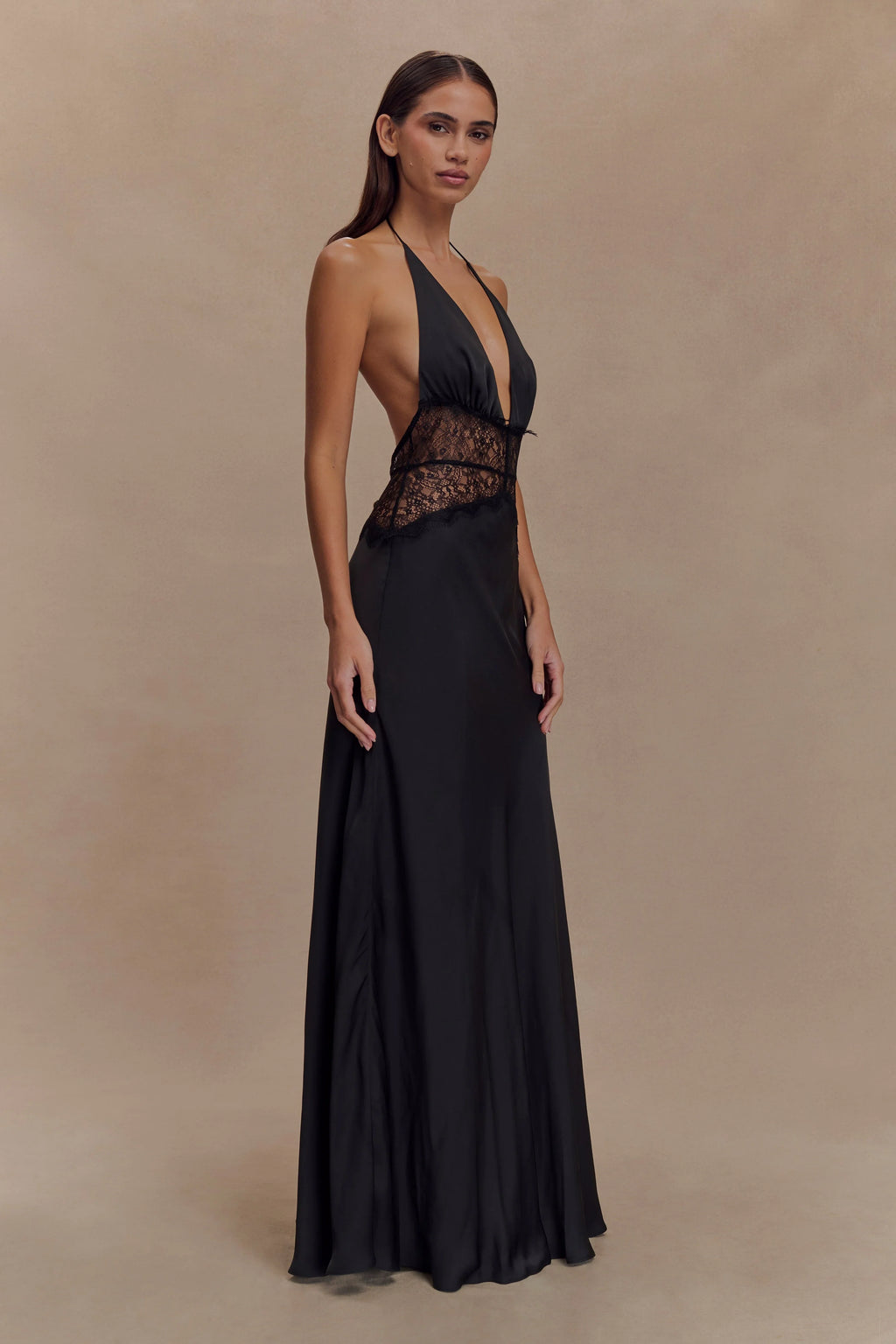 Aesha Backless Halter Dress with Deep V Neck, Satin Patchwork