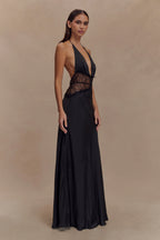 Aesha Backless Halter Dress with Deep V Neck, Satin Patchwork