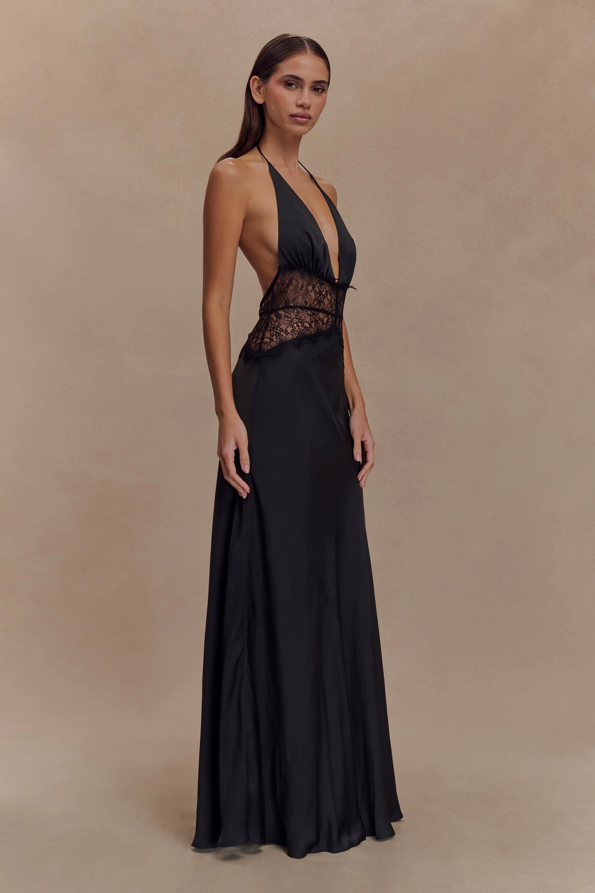 Aesha Backless Halter Dress with Deep V Neck, Satin Patchwork