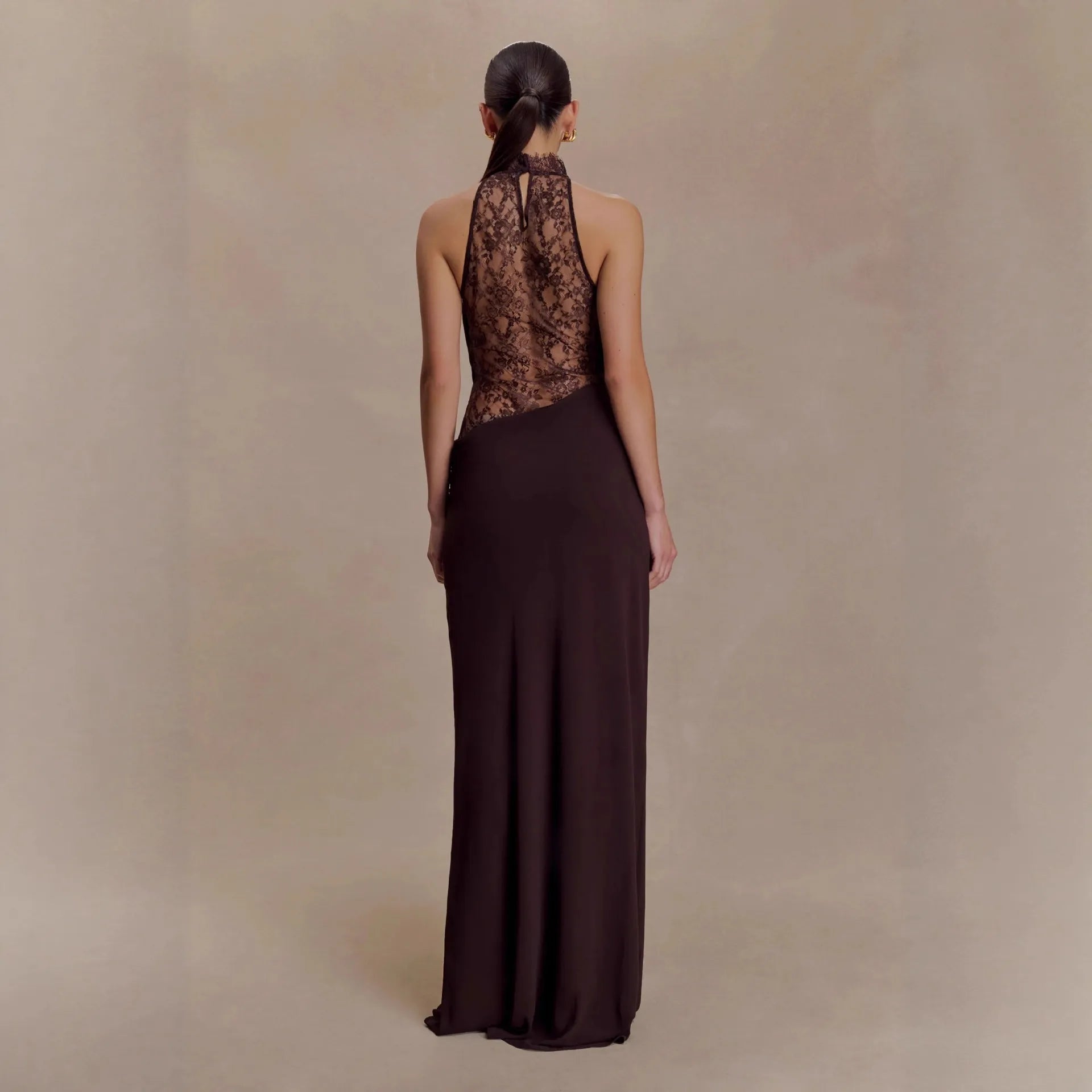 SAVANNAH TERRACOTTA HALTER LACE BODYCON MAXI DRESS