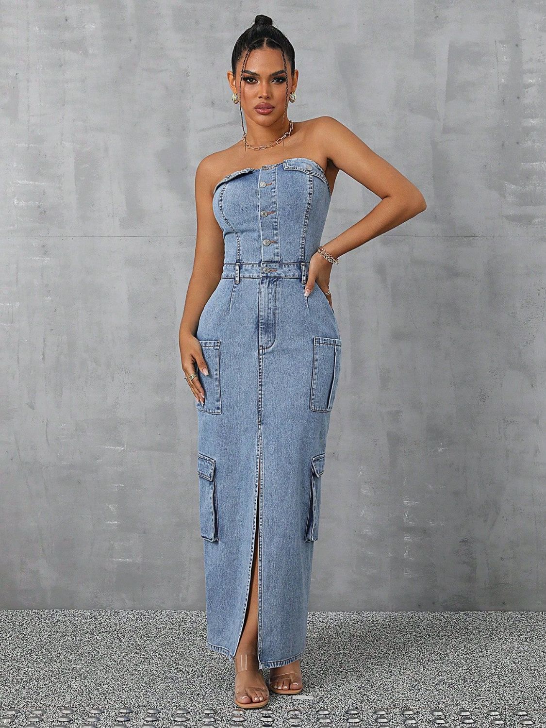 Slit Half Button Tube Denim Dress Trendsi