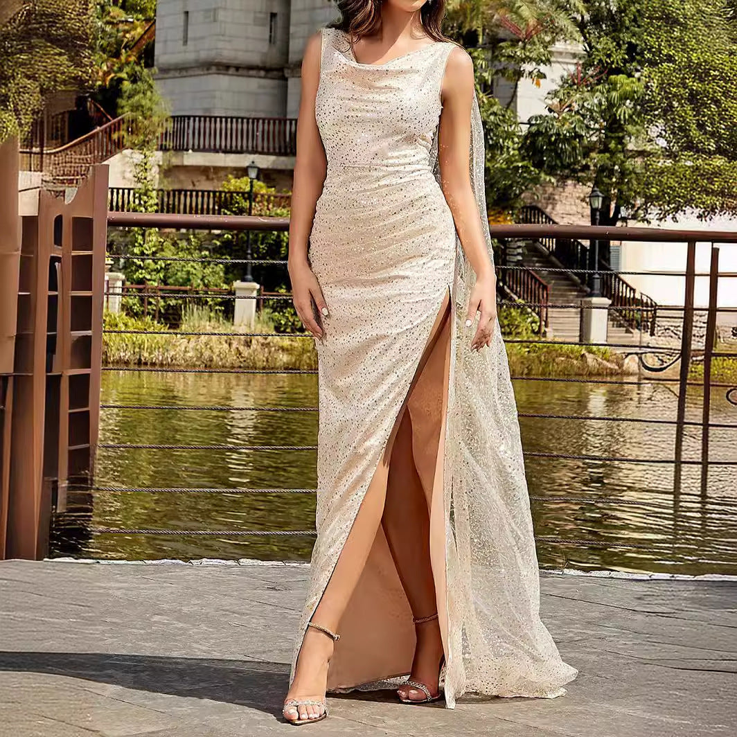 Apricot Mesh Sleeveless Strap Cloak Sequined Long Dress Aclosy