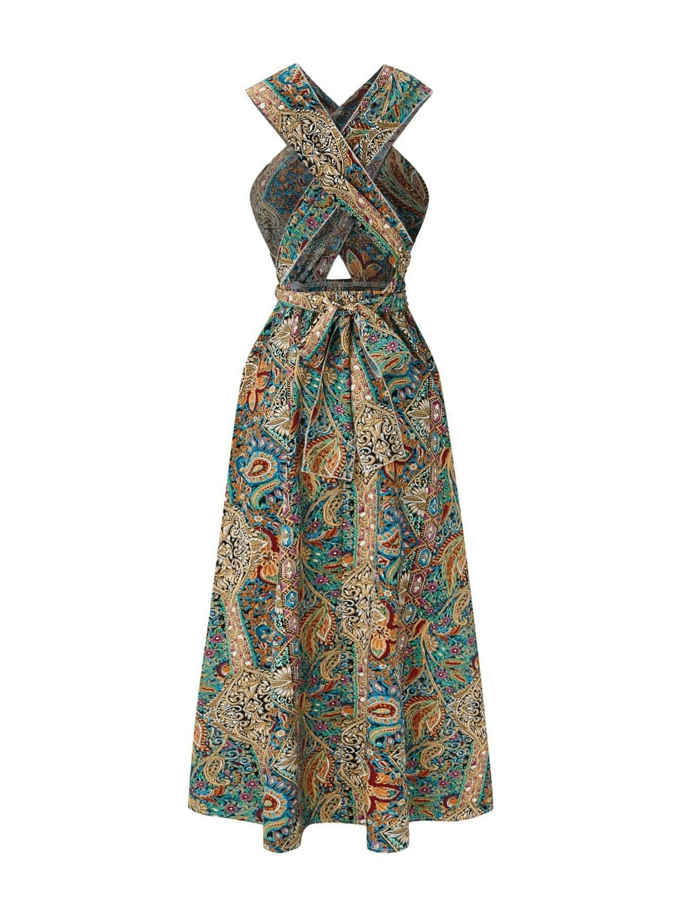 Women Print Maxi Dress High Waisted Cross Halter Neck With Tie Detail,Flowing Vacation Gown In Teal, Blue-Green & Brown Paisley   Pattern, Machine Washable, Summer Fashion Decorative Tie Detail Aclosy overseas