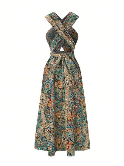 Women Print Maxi Dress High Waisted Cross Halter Neck With Tie Detail,Flowing Vacation Gown In Teal, Blue-Green & Brown Paisley   Pattern, Machine Washable, Summer Fashion Decorative Tie Detail Aclosy overseas