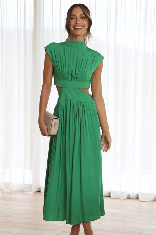 Cutout Mock Neck Sleeveless Ruched Dress Trendsi