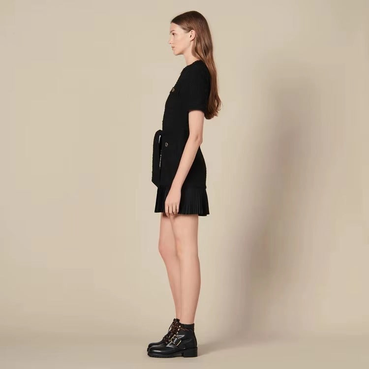 Fragrant Wind Woolen Pleated Stitching Skirt Short-sleeved Black Dress Aclosy