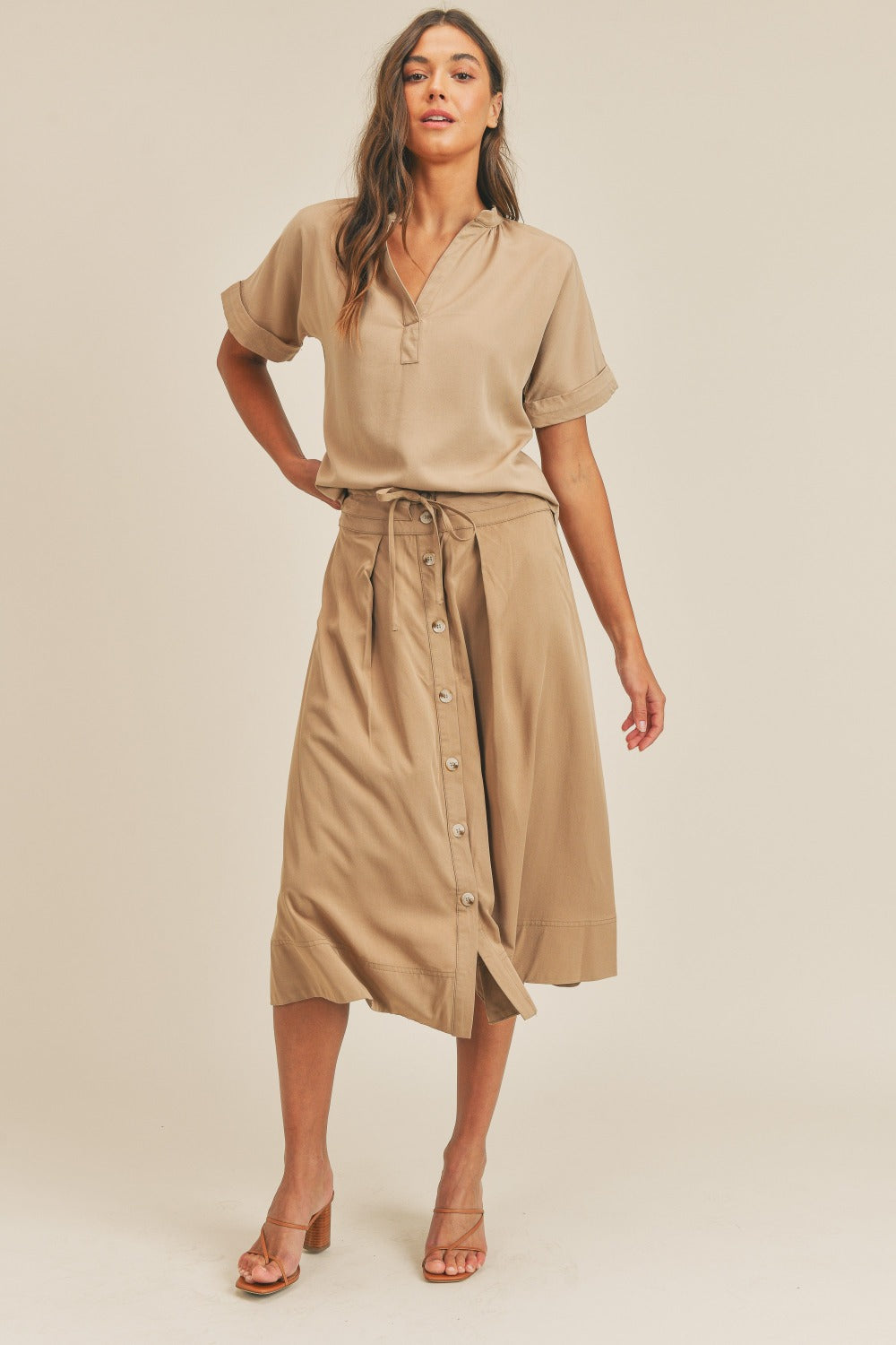 MABLE Short Sleeve Top and Button Down Midi Skirt Set Trendsi