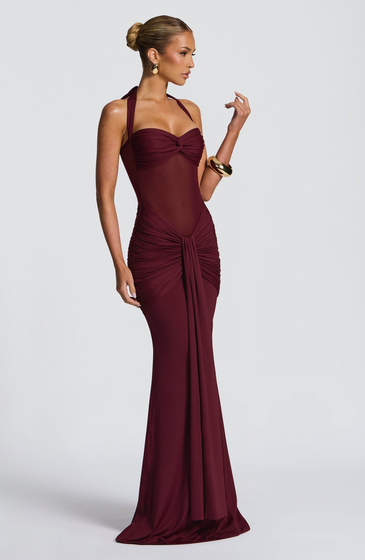 Halter Neck Backless Ruched Maxi Dress
