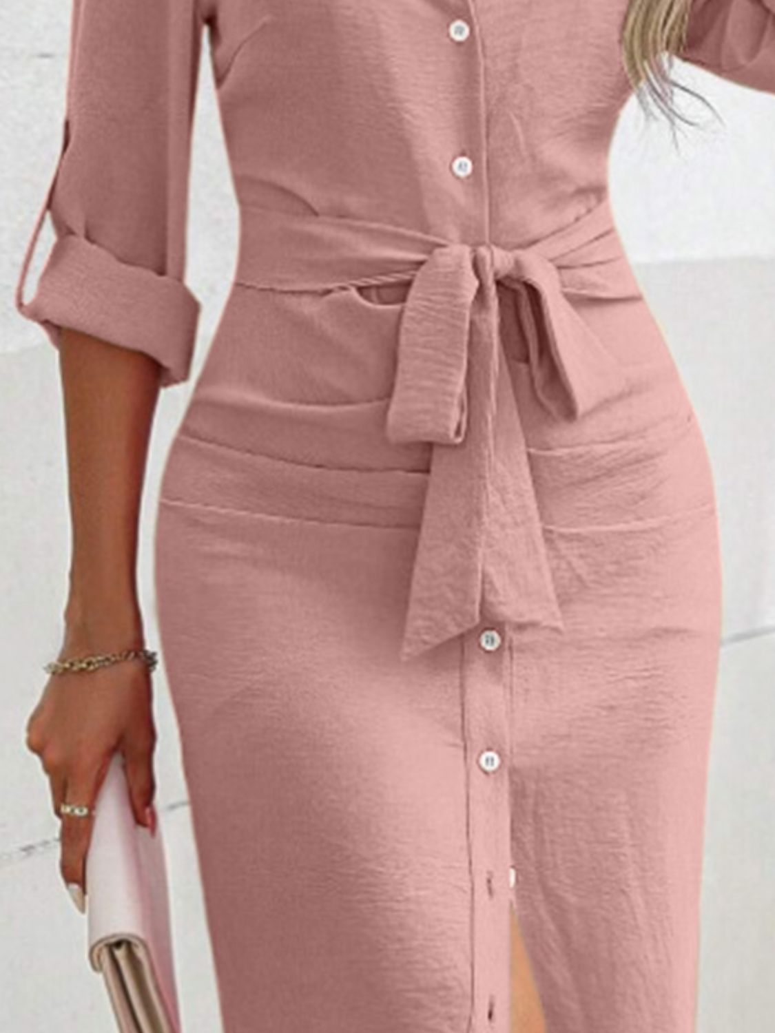 Tied Button Up Collared Neck Roll-Tab Sleeve Dress Trendsi