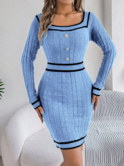 Contrast Trim Long Sleeve Sweater Dress Trendsi