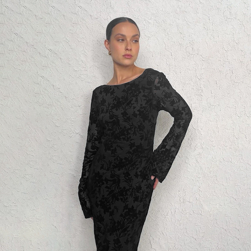 Deisy Slim Flocking Backless Black Maxi Dress