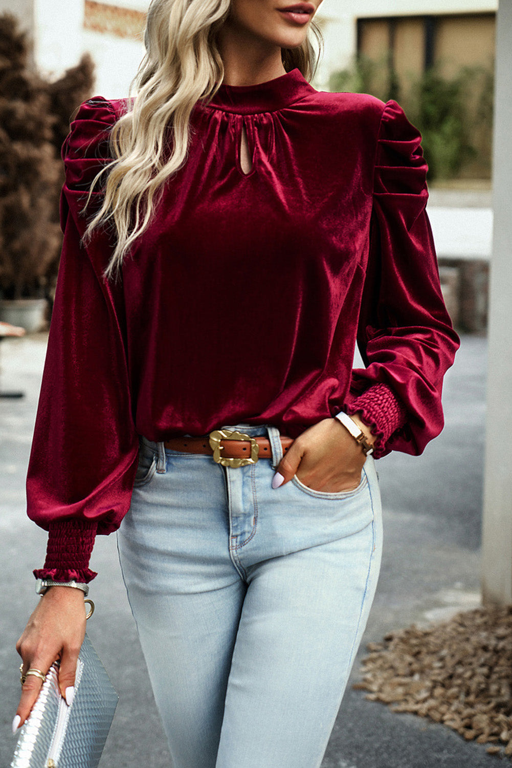 Tie Up Mock Neck Velvet Fabric Long Sleeve Blouse Trendsi