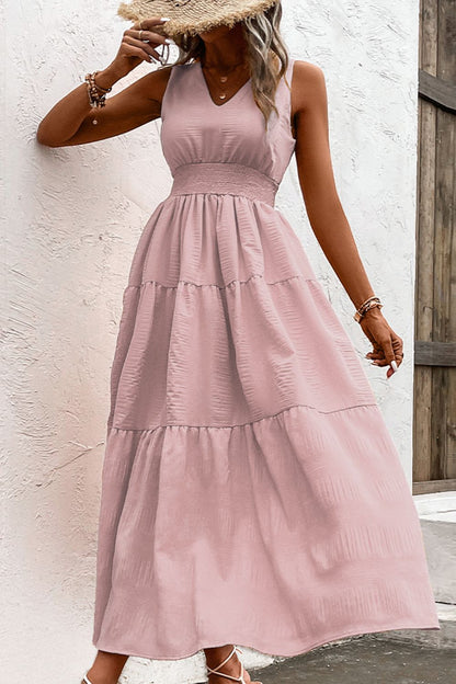 V-Neck Smocked Waist Sleeveless Tiered Dress Trendsi