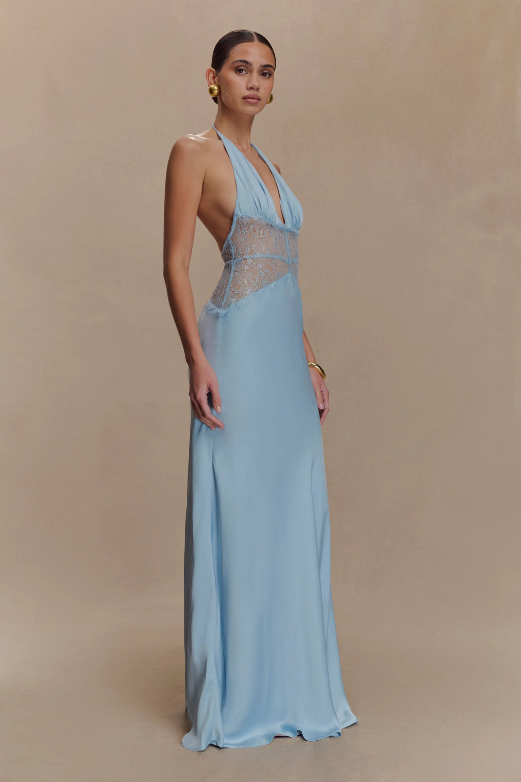 Aesha Backless Halter Dress with Deep V Neck, Satin Patchwork