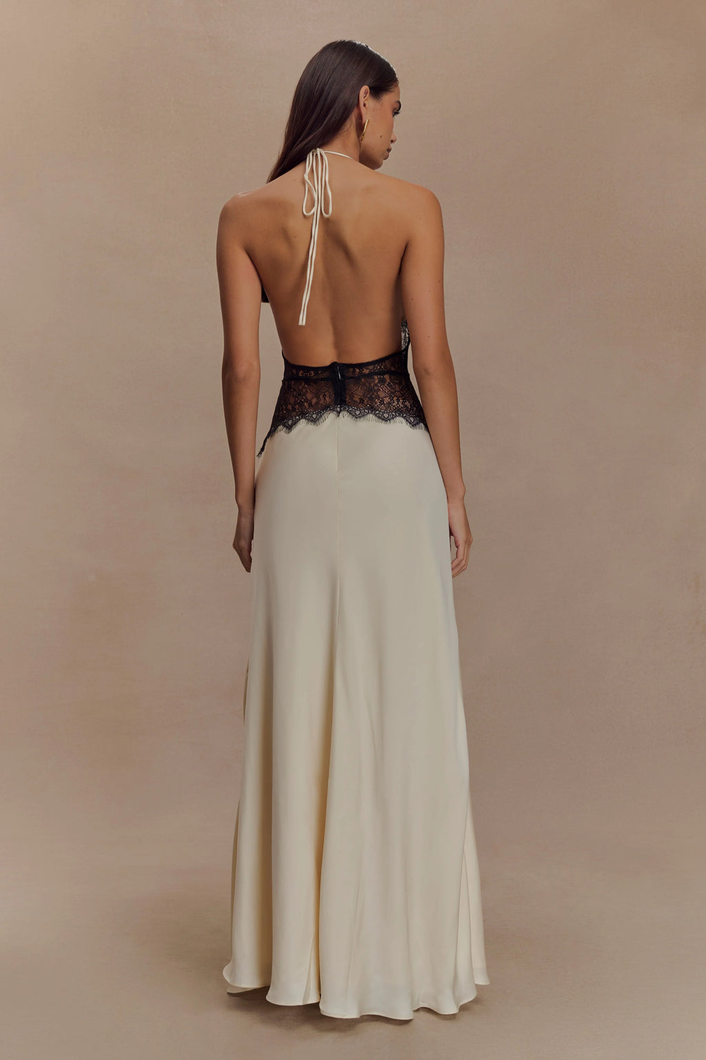 Aesha Backless Halter Dress with Deep V Neck, Satin Patchwork