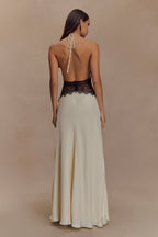 Aesha Backless Halter Dress with Deep V Neck, Satin Patchwork