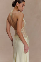 Aesha Backless Halter Dress with Deep V Neck, Satin Patchwork