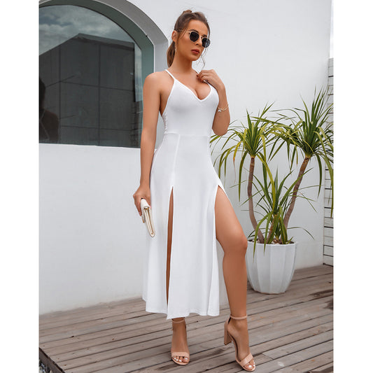 Real Shot Design Women's Clothing Backless Camisole High Waist Slit Dress aclosy