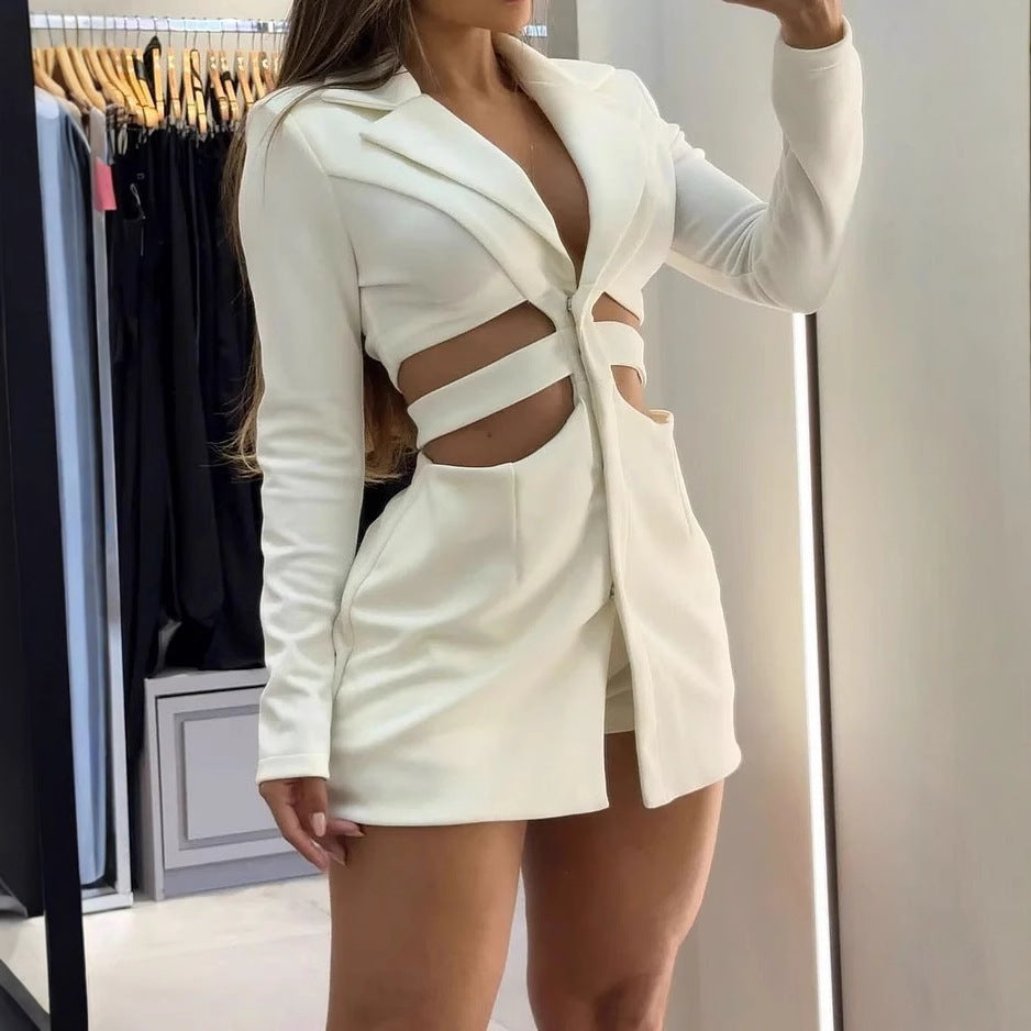 Women's Lapel Long Sleeve Hollow-out Solid Color Mini Dress Aclosy