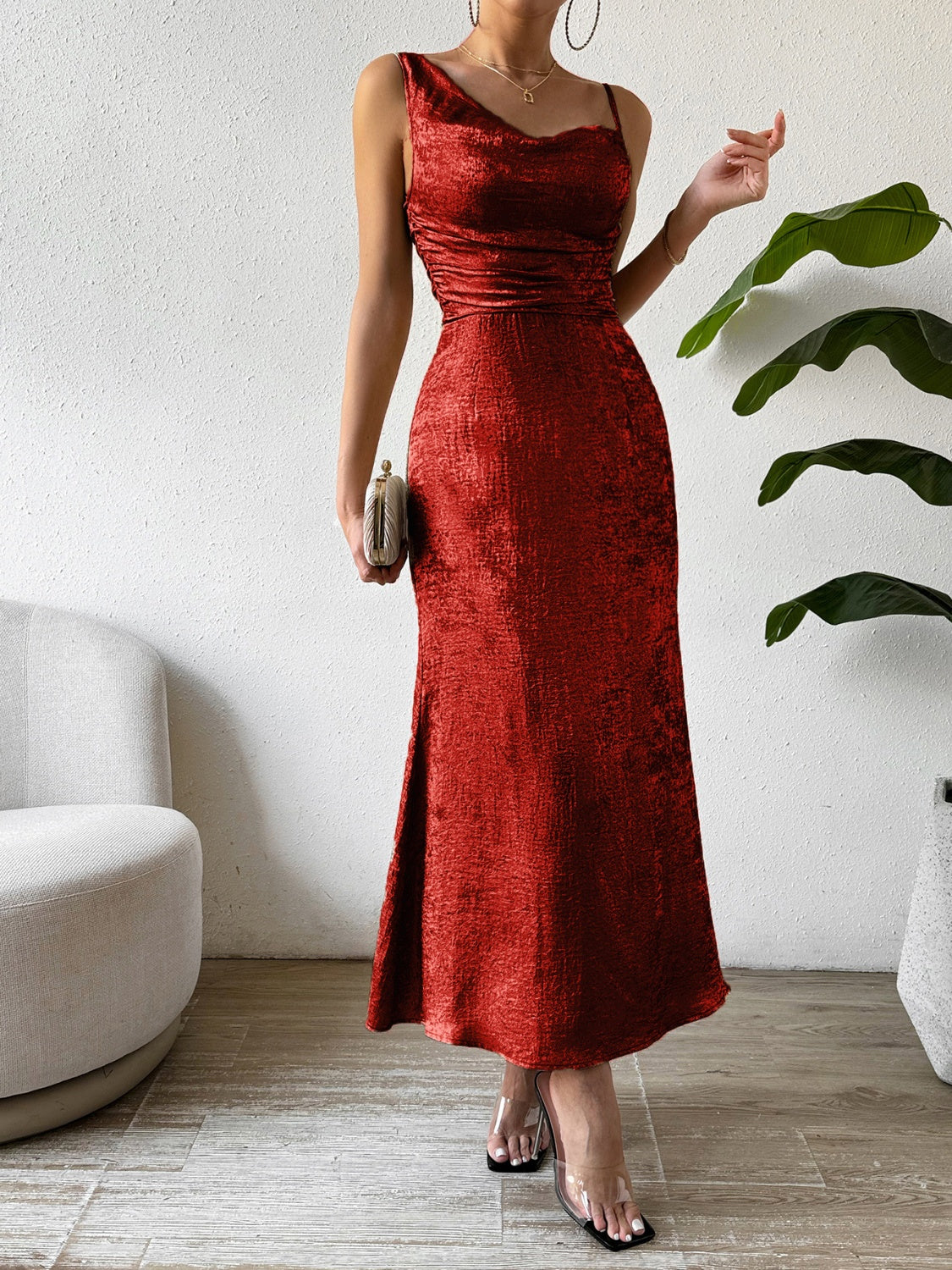 Honey Asymmetric Neck Sleeveless Midi Dress Trendsi