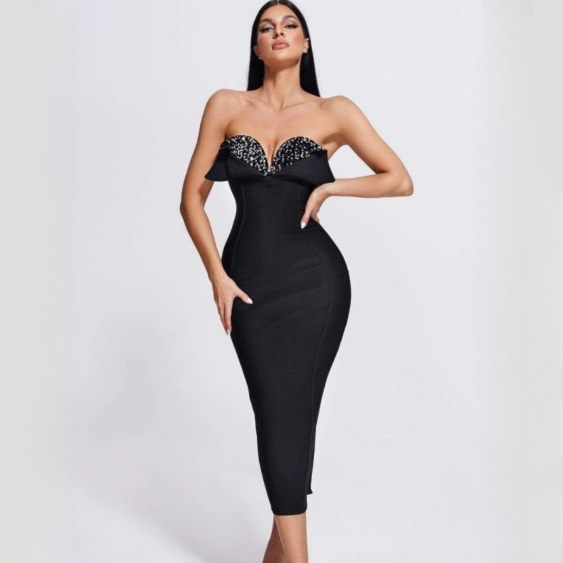 Women's Sequined Low Cut Strapless Black Bandage One-piece Dress Aclosy