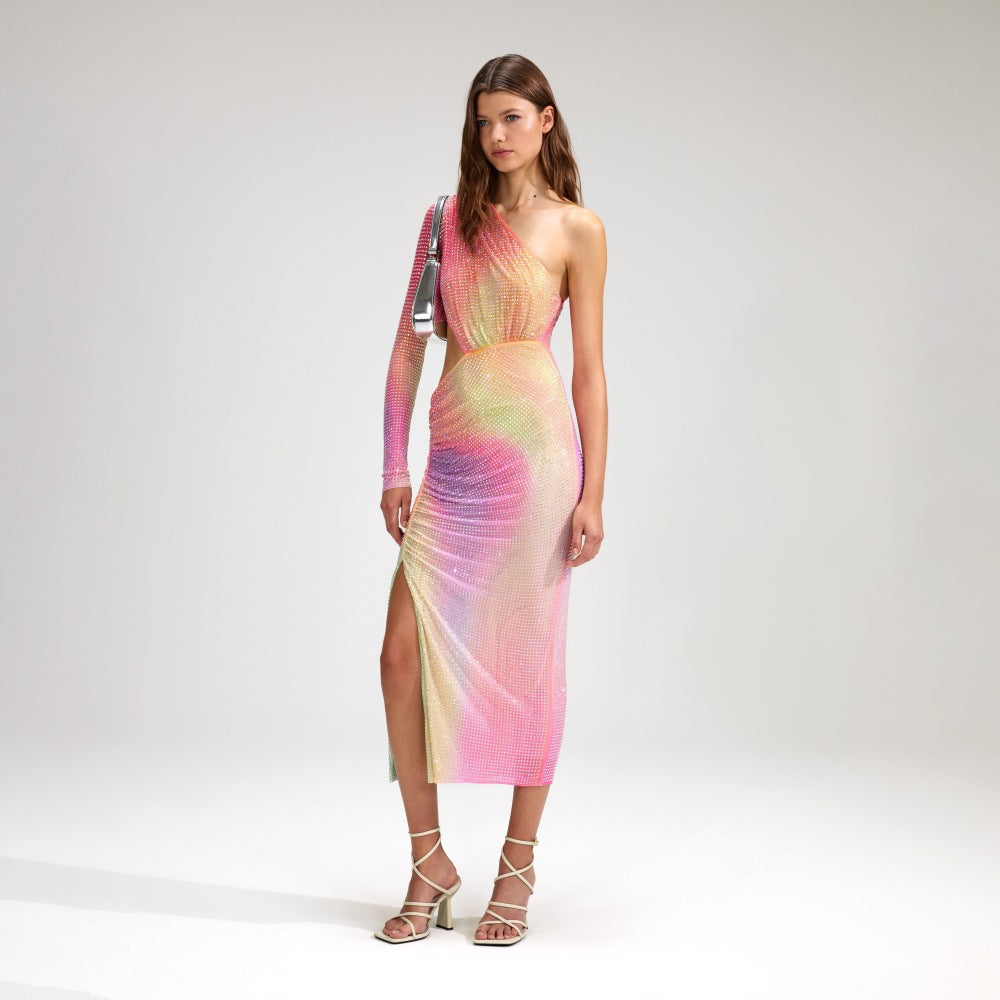 Diagonal Shoulder And Waist Revealing Colored Dress With Slit And Buttocks Wrapped aclosy